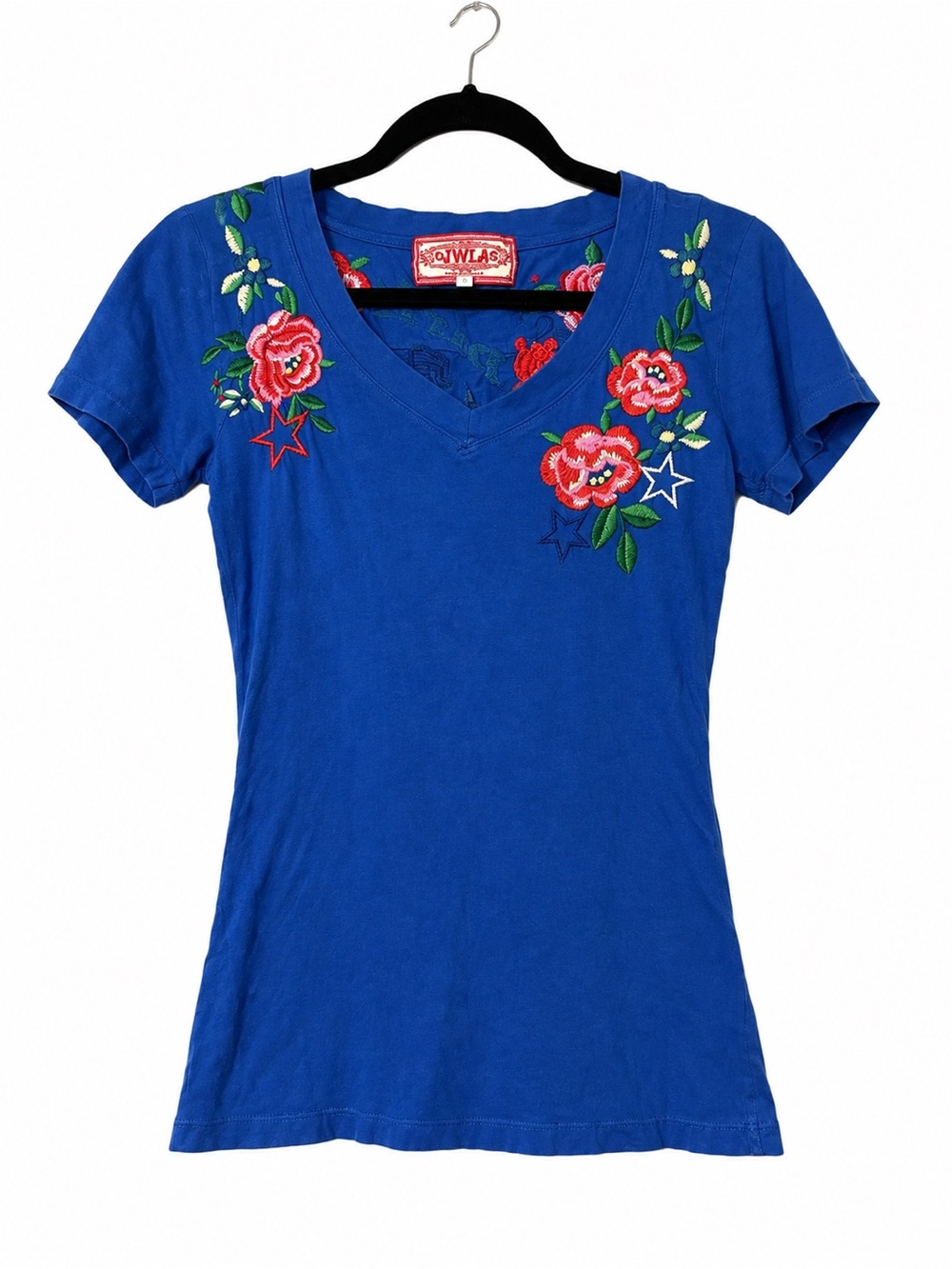 Johnny Was Royal Blue V-Neck Tee with Floral Embroidery - Spirit Of 76 -
